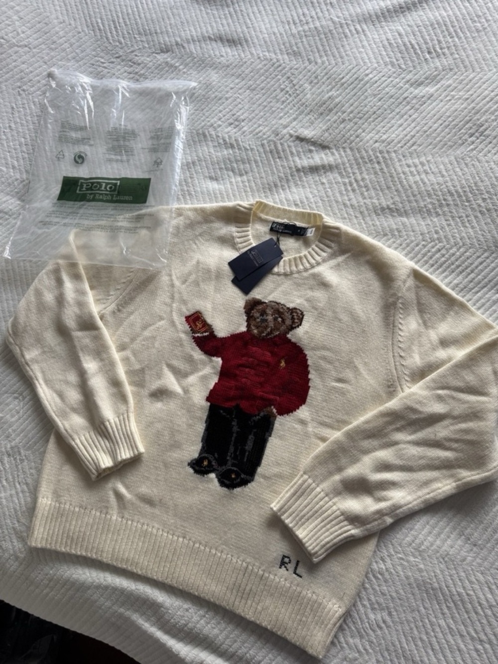 RARE Polo Ralph Lauren Cream Bear-Intarsia Wool Sweater Medium